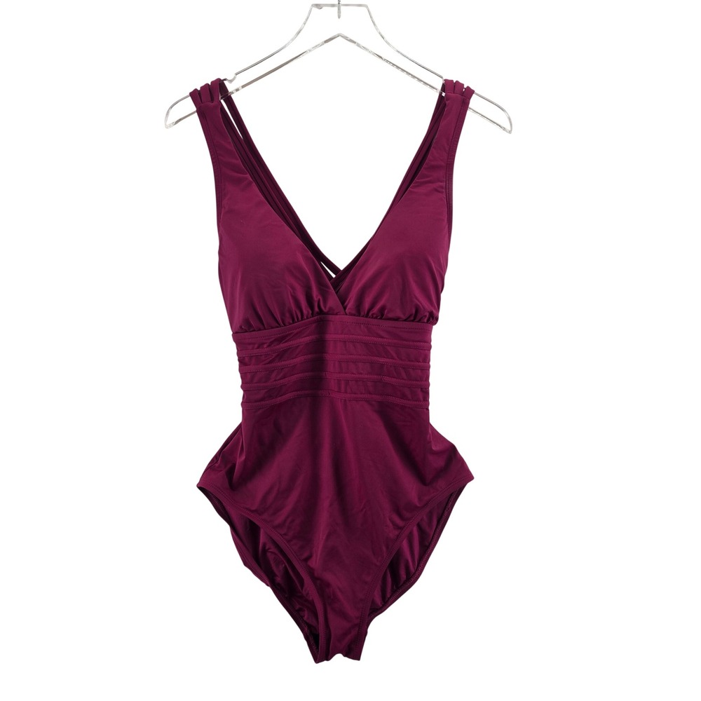 La Blanca Rasberry Pink Ruched V Neck Crisscross Back One Piece Swimsuit 10